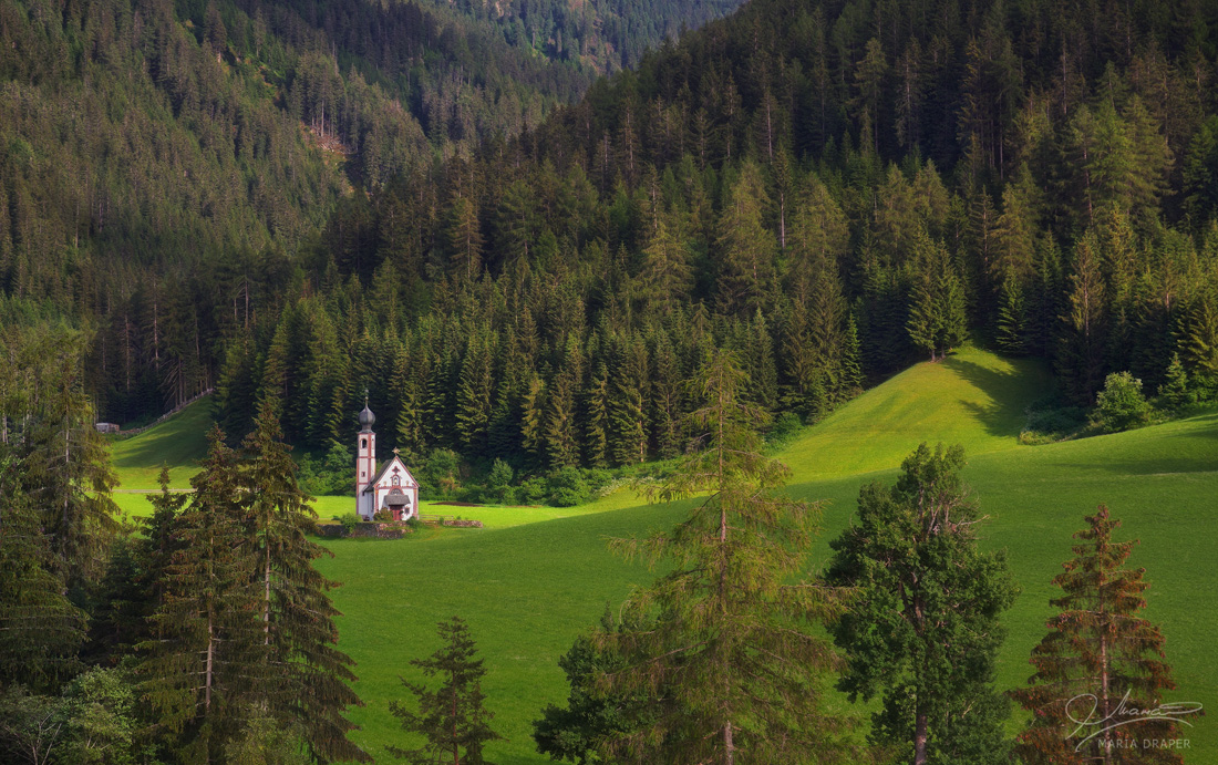 Ranui Church | A popular church, St Johann in Ranui located in Santa Maddalena village in the Natural Park Fanes-Sennes-Braies, at the base of the Odle mountain range