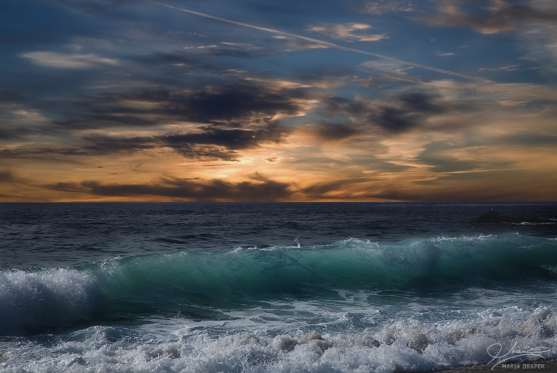 Carmel Meadows Beach | Translucent wave after sunset illuminated by the full moon.