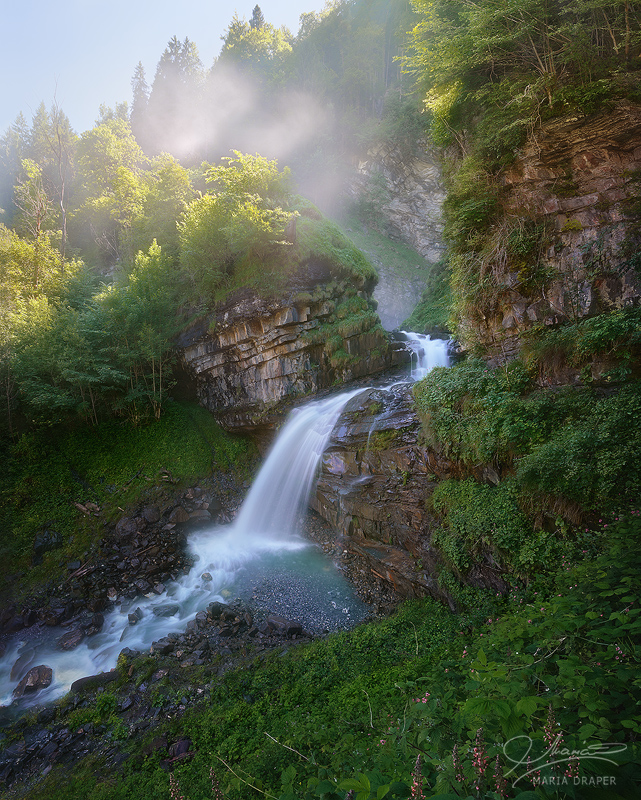 Diesbach Waterfall | This is just the bottom segment  of a very attractive, multilayered waterfall in Switzerland.  
The beautifully carved canyon turns right and left, and up and down, multiple times in a misty labyrinth through which the water travels.
</br>
There are wild salvia flowers and lush green vegetation surrounding this canyon.