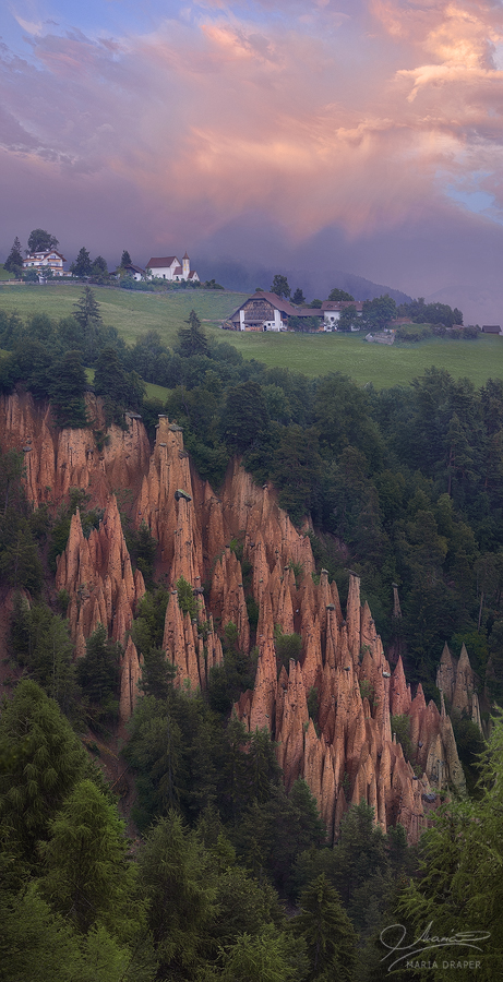Ritten Earth Pyramids | These earth pyramids near Longomoso, Ritten (Renon), Italy is a common phenomenon that exists in many places in Northhern Italy and other parts of the world, even that these particular ones have an unusual formation that is due to errosion over the years.  
<br>
The shape and height of the pyramids are constantly changing because of the continous erosion, some become thinner and taller while others are collapsing.  Most have a rock at the top.
<br>
This is a highly touristic area, and advanced planning is recommended.