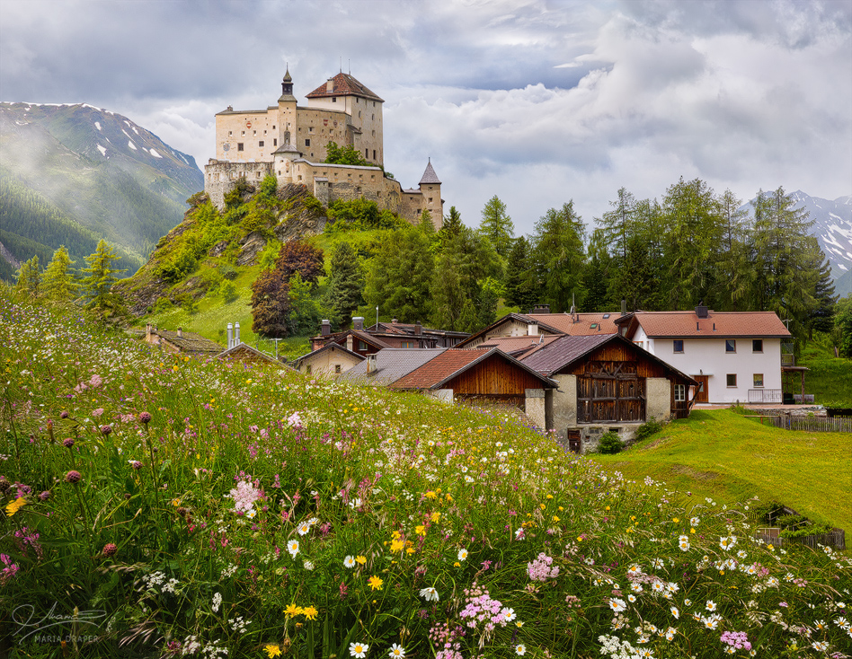 Tarasp Castle | You may know that my most favorite subject of nature to photograph are waterfalls, but you may not know that my most favorite man-made subjects to photograph are castles (and tiny rustic chapels), all surrounded by elements of nature, of course, and... a few barns and houses here and there, such as in this case.  :)
This castle in Switzerland it's among my most favorite castles because of the beautiful, fairytale like surroundings and tons of flowers and greenery!  I hope you enjoy this image even if you do not care for man-made subjects.